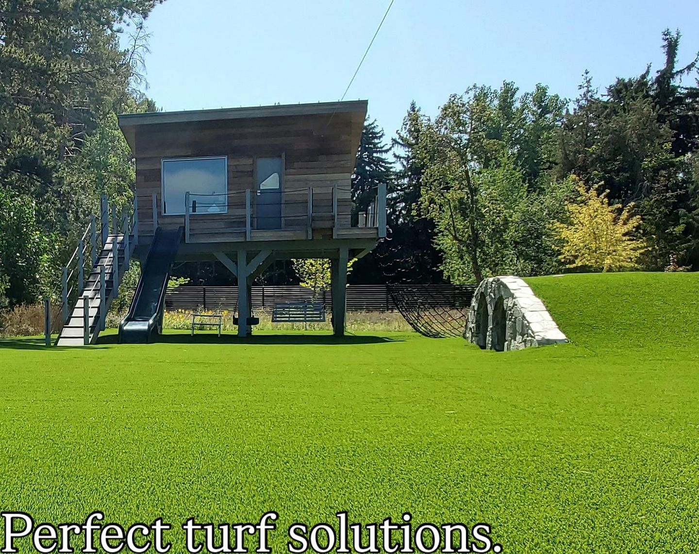 Lawn care ad with green turf, modern cabin, and the text “Perfect turf solutions.”