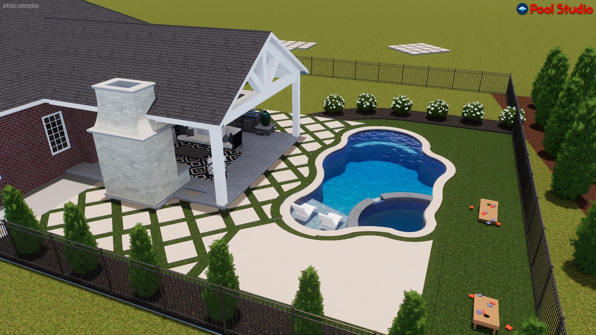 A 3D design showing a backyard with a house, covered patio, stone fireplace, a kidney-shaped pool, and grass area.