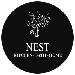 Black circle logo with white tree, "NEST" text, and "KITCHEN &bull; BATH &bull; HOME" text.