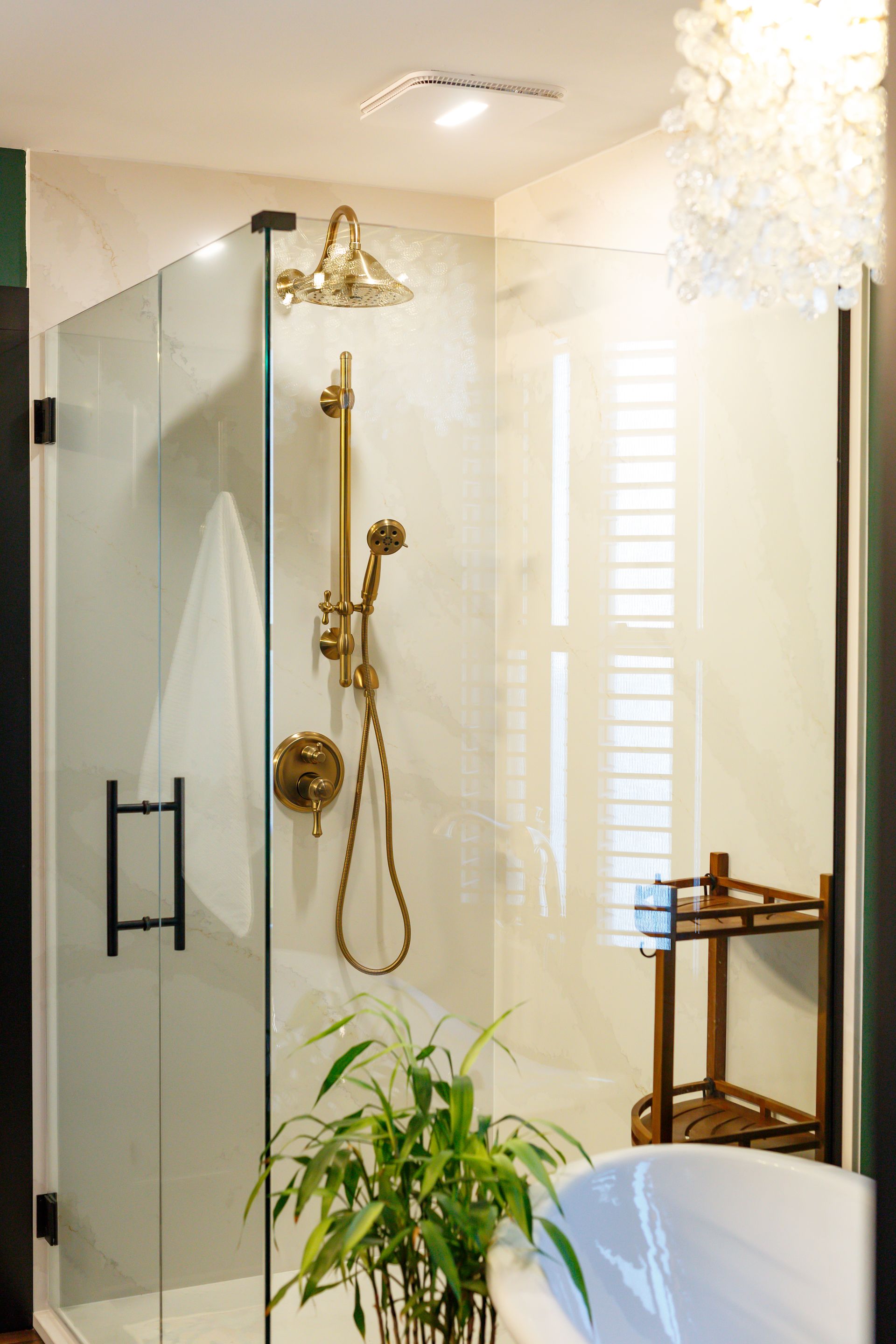 Shower with gold fixtures and glass door. Indoor setting, featuring a plant and a decorative light.