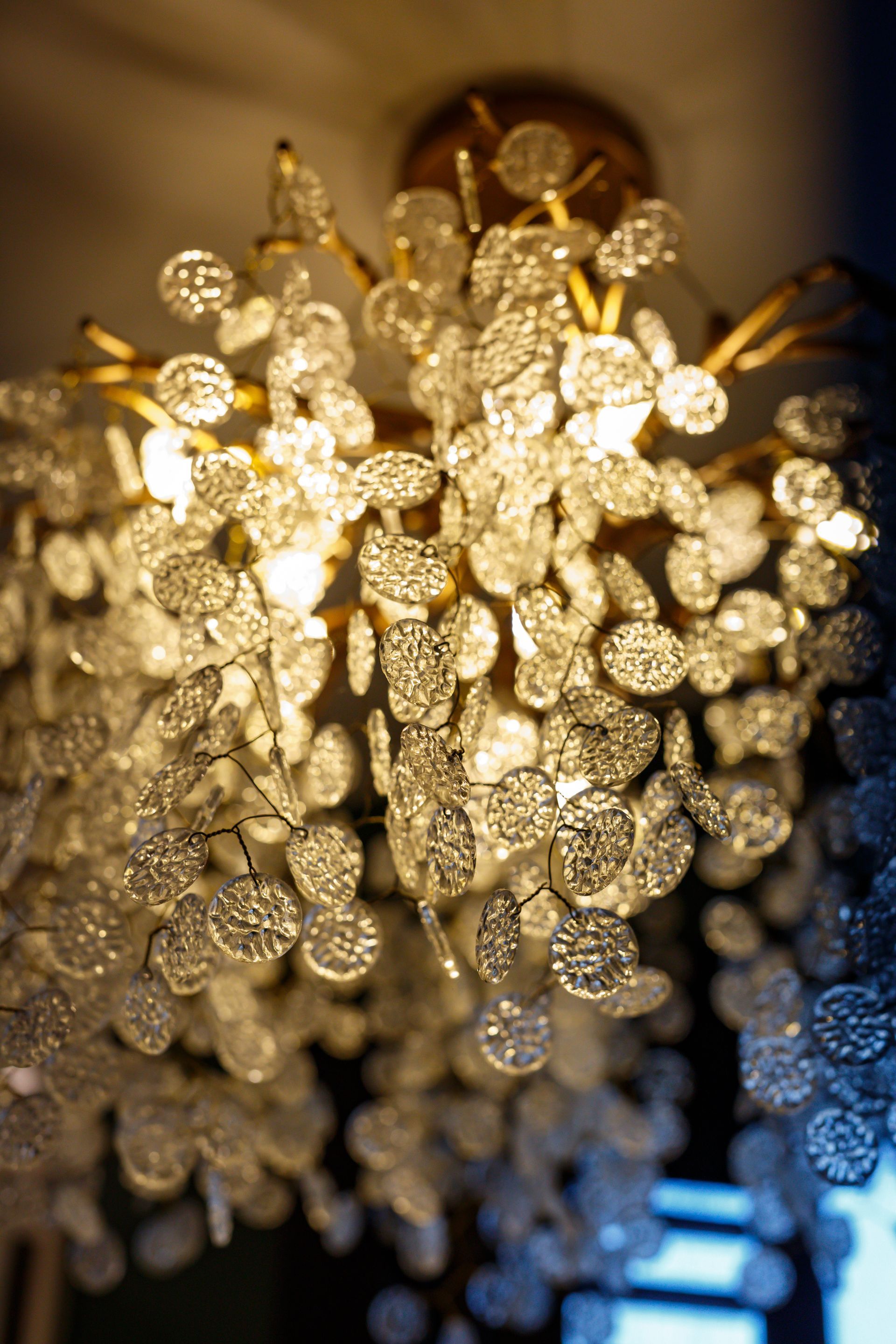 Close-up of a decorative chandelier with numerous glass droplet-shaped ornaments, emitting soft light.