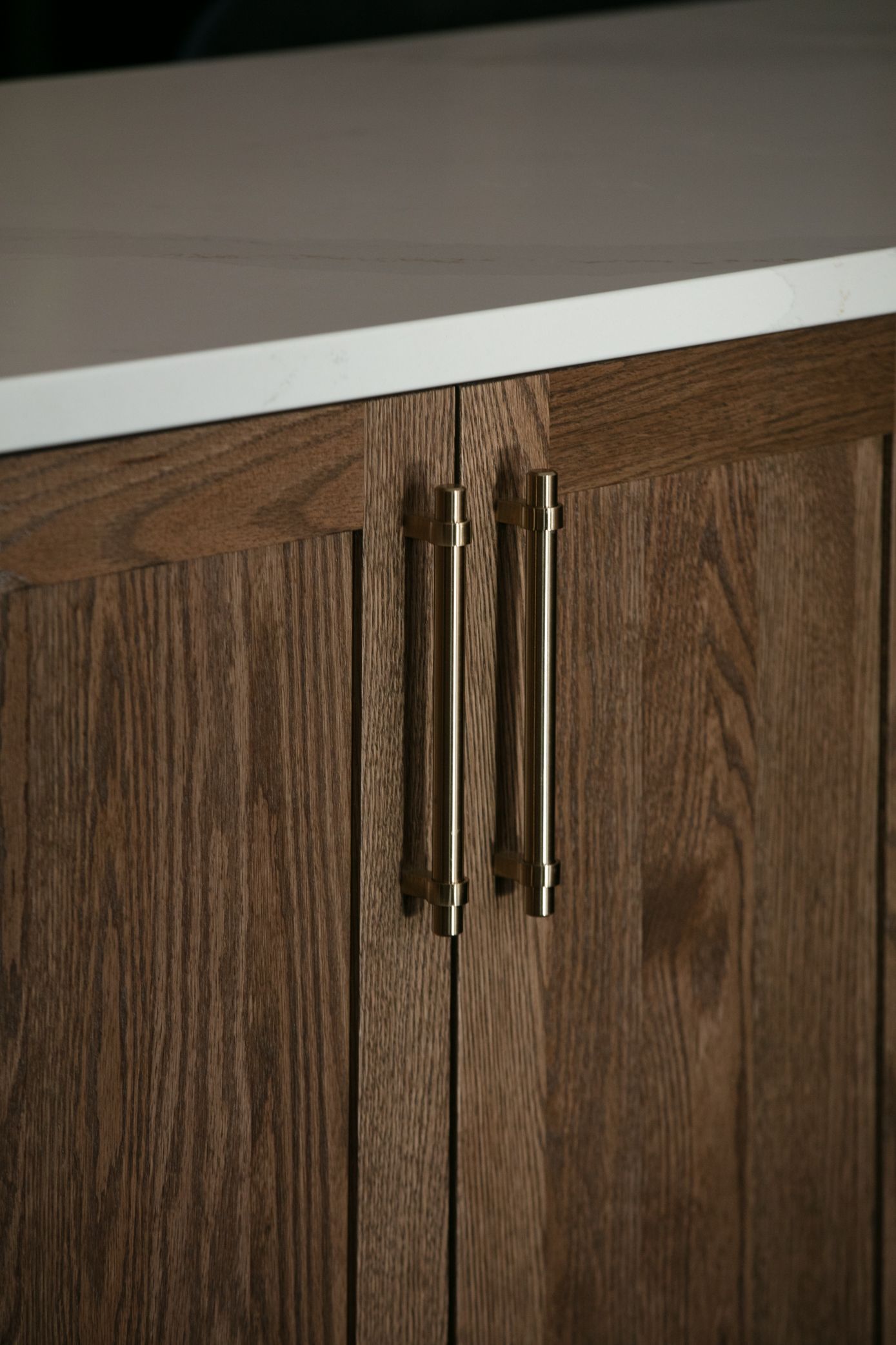 Wooden cabinet doors with metallic bar handles beneath a white countertop.