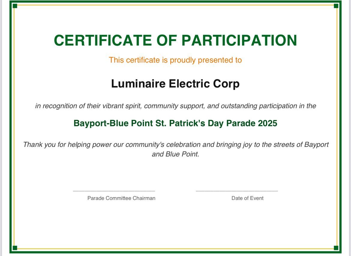 Certificate of participation for Luminaire Electric Corp, Bayport-Blue Point St. Patrick’s Day Parade 2025 on white with green border