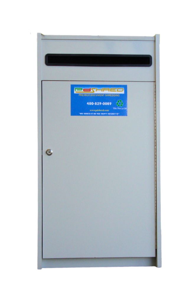 A gray trash can with a blue sign on it