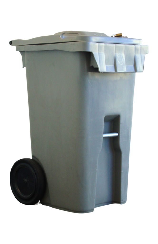 A gray trash can with black wheels and a white lid