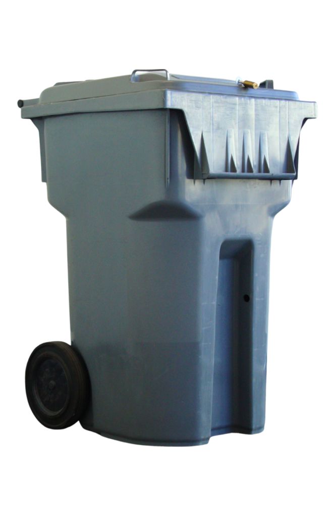 A gray garbage can with wheels on a white background