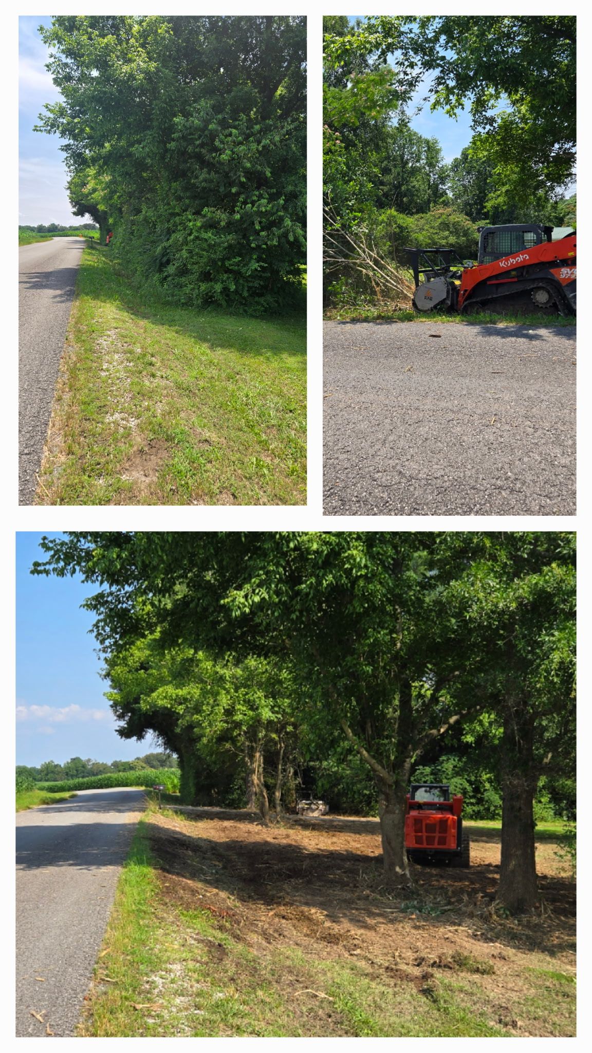 Three images showing a gravel road next to trees and shrubbery being trimmed by a small red construction vehicle.