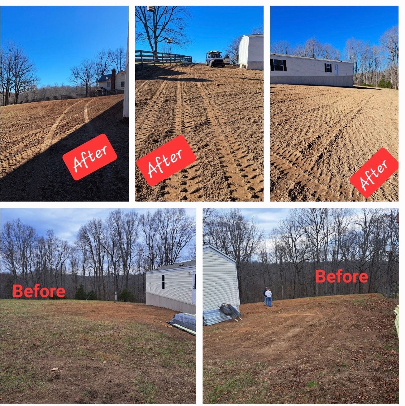 Collage showing a yard before and after grading. Brown dirt with tire tracks and trees under a blue sky.