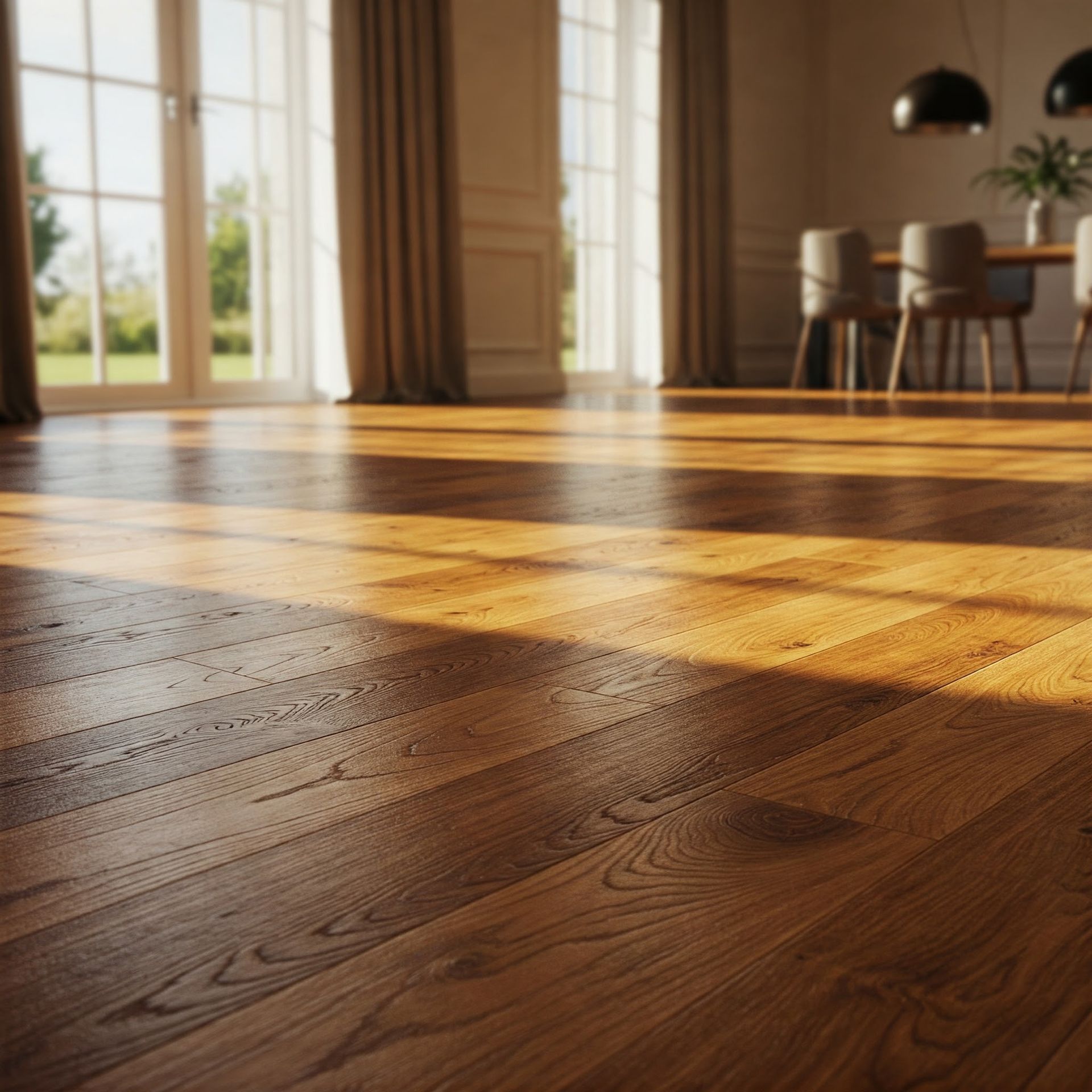 An empty room with wooden floors and a skylight in the ceiling.