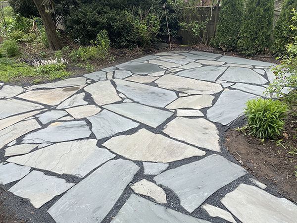 A stone walkway in a garden with trees in the background