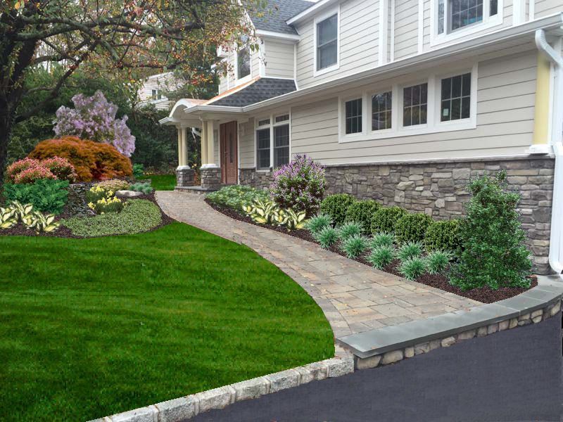 A house with a lush green lawn and a stone walkway leading to it