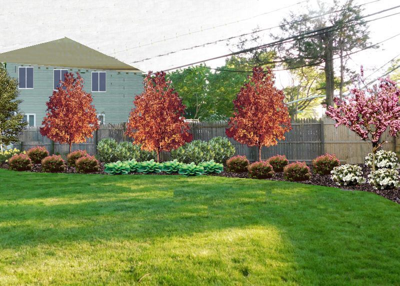 A rendering of a garden with trees and bushes in front of a house