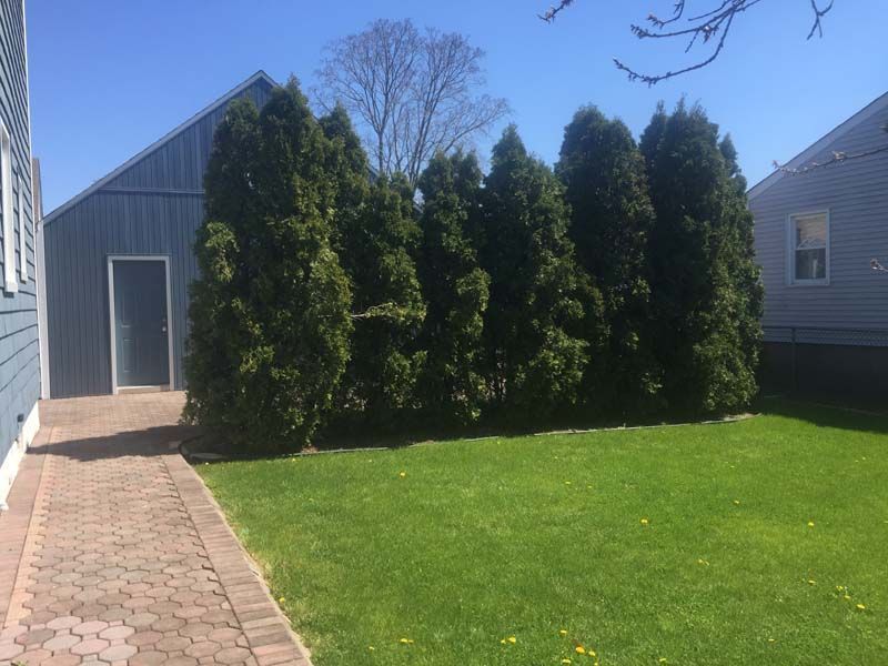 A brick walkway leading to a house with a shed in the background