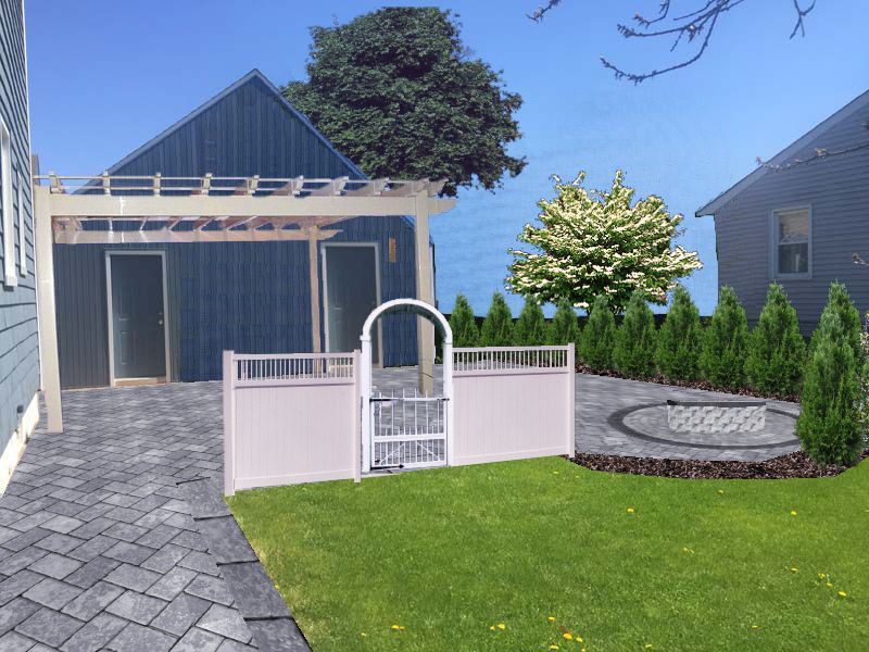 A rendering of a backyard with a pergola and a gate
