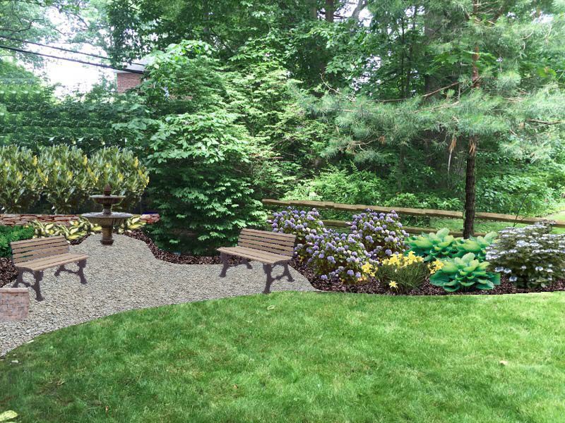 A lush green garden with a fence and benches