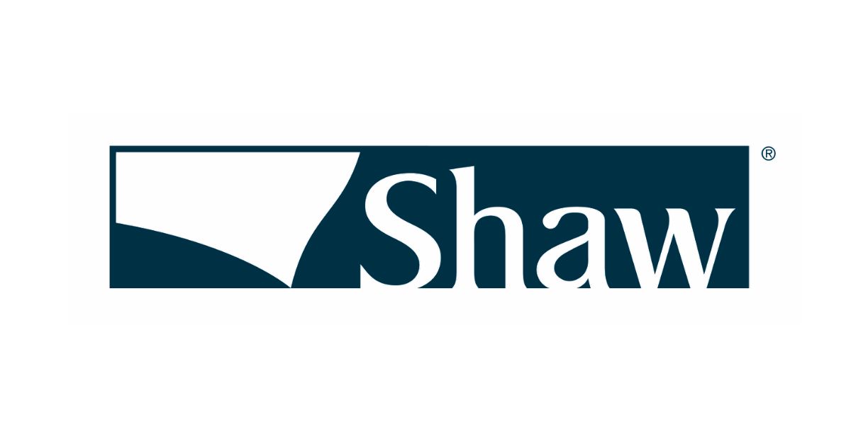 Shaw logo in white text on a dark blue rectangular background with a stylized white swoosh