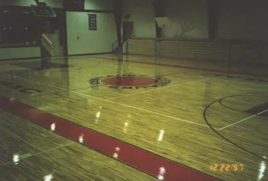 Basketball court with red and white lines, center circle logo. Empty bleachers and a hoop.