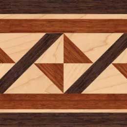 Wooden border pattern: alternating light, medium, and dark brown geometric shapes.