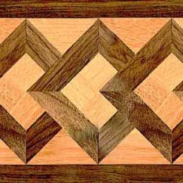 Geometric wood inlay design with light and dark brown squares and diamonds.