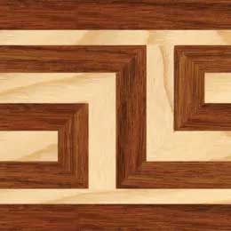 Close-up of a wooden border with a Greek key pattern, alternating dark and light wood.
