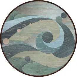 Abstract circular design, featuring swirling blue, green, and gray shapes with small circles.
