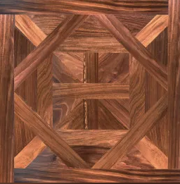 Wooden floor tile with a geometric pattern in shades of brown.