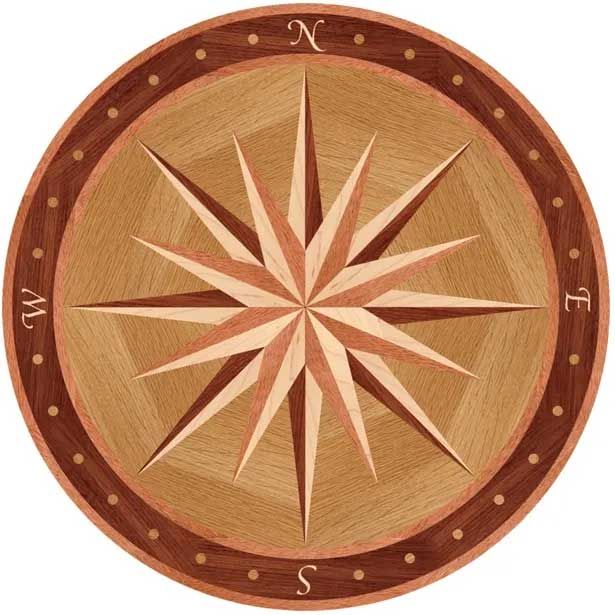 Wood inlay compass rose, with directions labeled; brown and light wood colors.