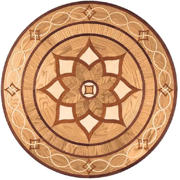 Circular wooden floor inlay with floral and geometric patterns in shades of brown and tan.