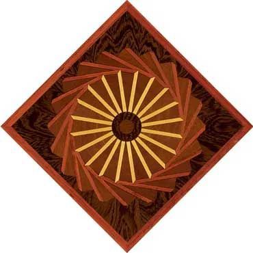Wooden inlay design of a flower-like spiral in shades of brown and gold, set within a diamond frame.