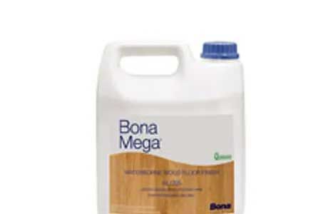 White jug of Bona Mega wood floor finish with blue cap.