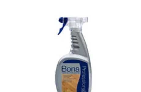 Bona Professional hardwood floor cleaner spray bottle, gray and blue, against white background.