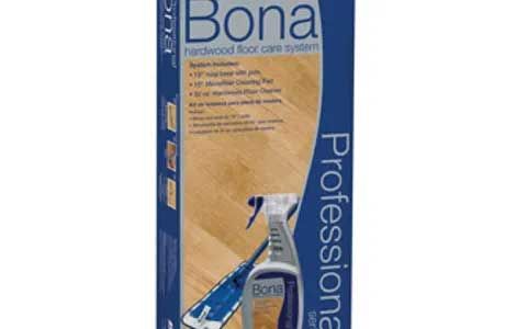 Box of Bona Hardwood Floor Care System, featuring a spray bottle, mop, and floor.