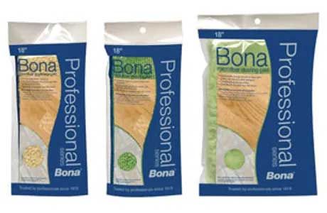 Three Bona Professional floor cleaning pads in sealed packages, varying in color.