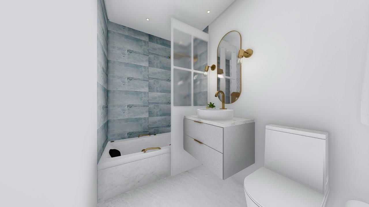 A bathroom with a sink , toilet , bathtub and mirror.