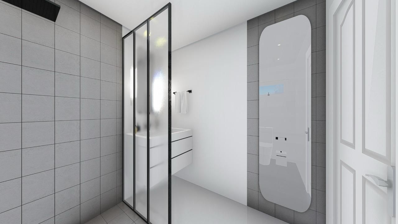 An artist 's impression of a bathroom with a sink and a mirror.