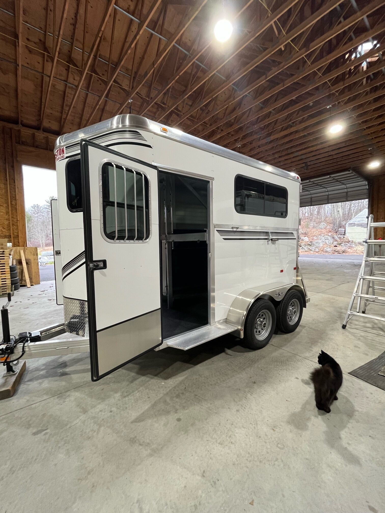 A horse trailer is parked in a barn with the door open and a cat standing next to it.