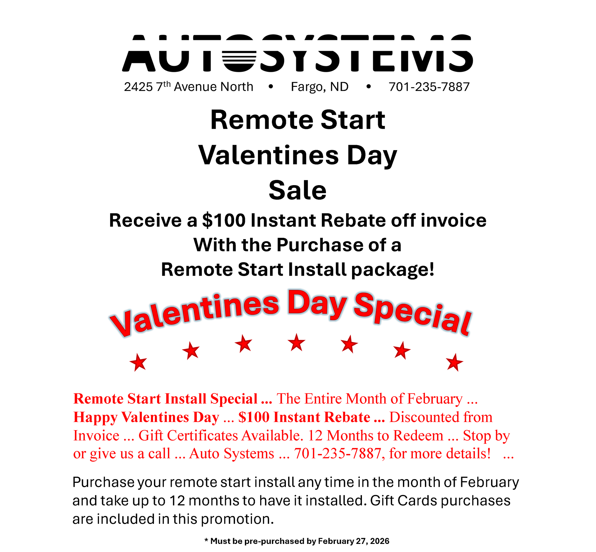 Advertisement for Auto Systems' remote start Valentine's Day sale. Offers a $100 instant rebate and special pricing in February.