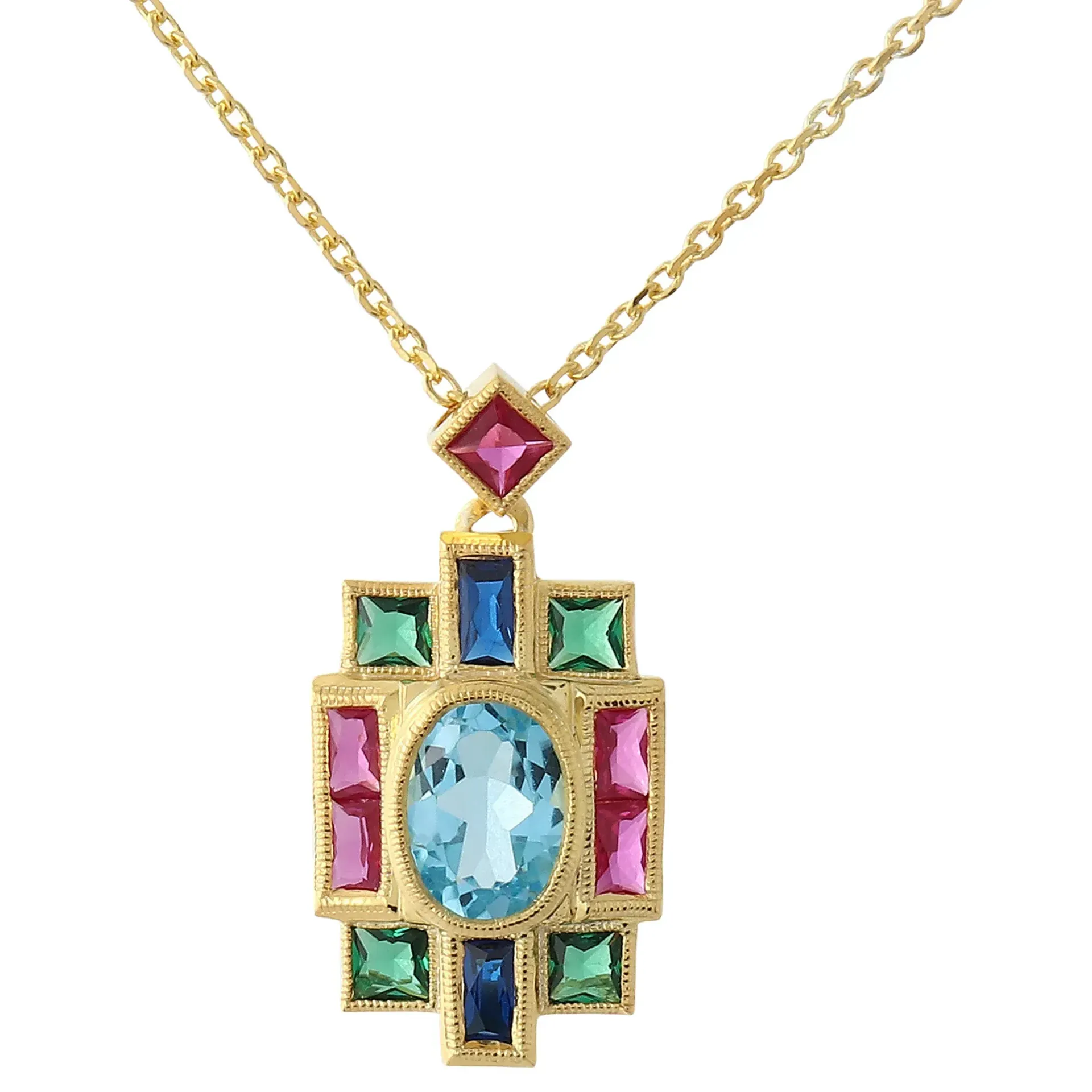 Gold necklace with an Art Deco style pendant set with blue, pink, green, and blue gemstones.