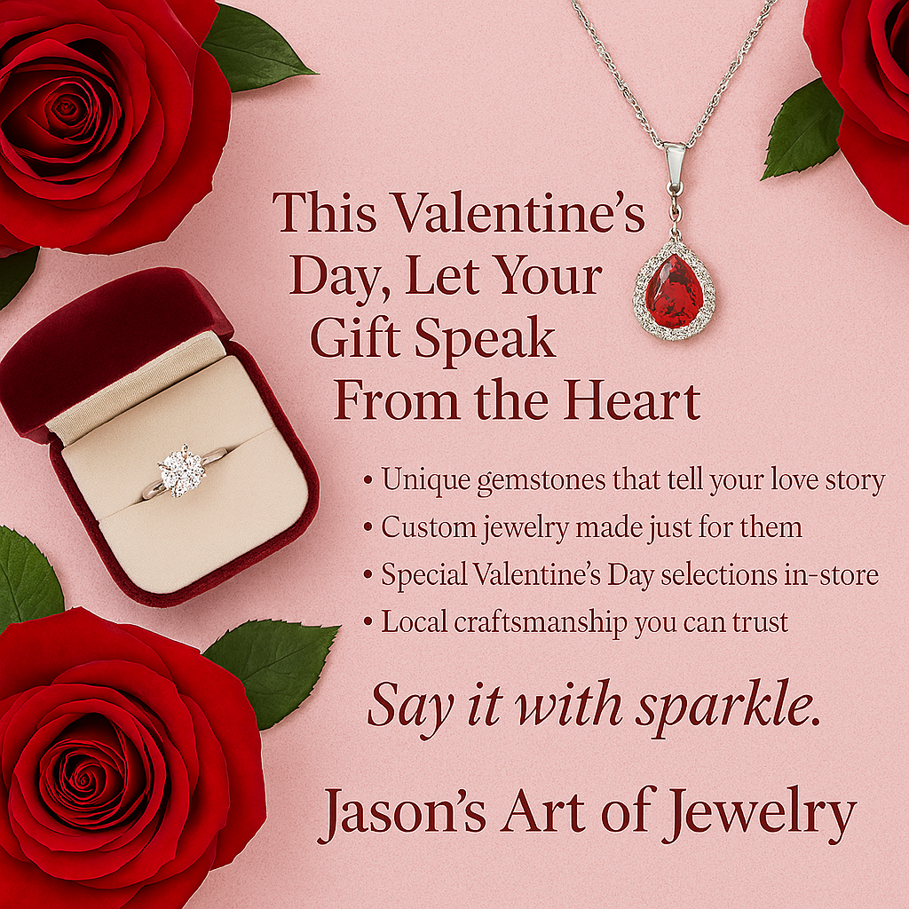 Valentine's Day jewelry ad: ring, necklace, roses, and text,