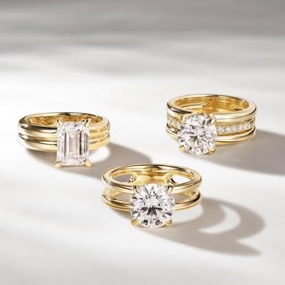 Three gold rings with diamonds on a white surface, with shadow.