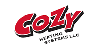 Logo for Cozy Heating Systems LLC in red and black with a white background.
