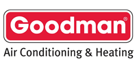 Goodman Air Conditioning & Heating logo in red and white, with a red rectangle and white text.