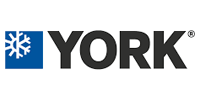 York logo with a snowflake in a blue square to the left of the brand name in dark gray.