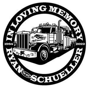 In loving memory of Ryan Schueller with a tow truck illustration; text includes