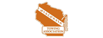 Logo for Wisconsin Towing Association. Brown outline of Wisconsin with a diagonal white banner and a tow hook on right.