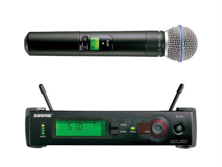 Wireless microphone system: black handheld mic and receiver with antennas and display.