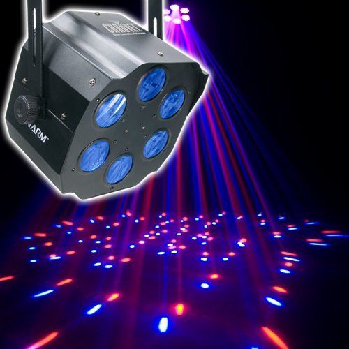 Black, multi-lens stage light projecting blue and red light beams onto a dark surface.