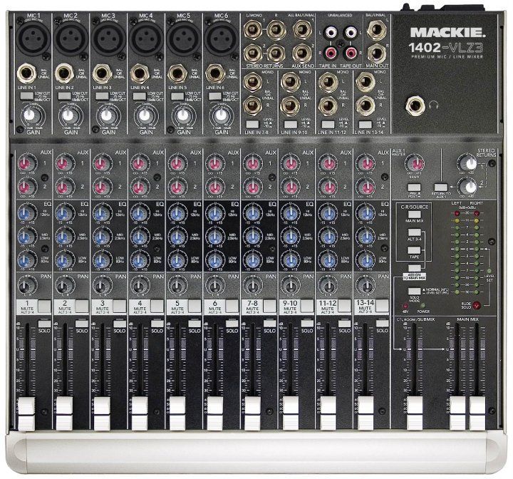 Mackie 1402-VLZ3 audio mixer with numerous knobs, faders, and input/output jacks.