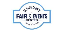 Logo for El Paso County Fair & Events Center in Calhan, Colorado, in blue and white.