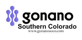 Logo for gonano Southern Colorado, with a cluster of purple drop shapes and the website address.